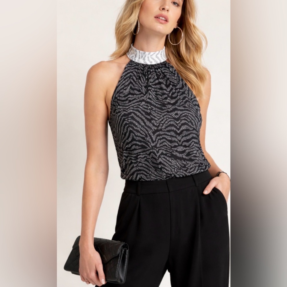Halston Black White Zebra Print Halter Top NWT Size M Tie Neck Keyhole Back Chic